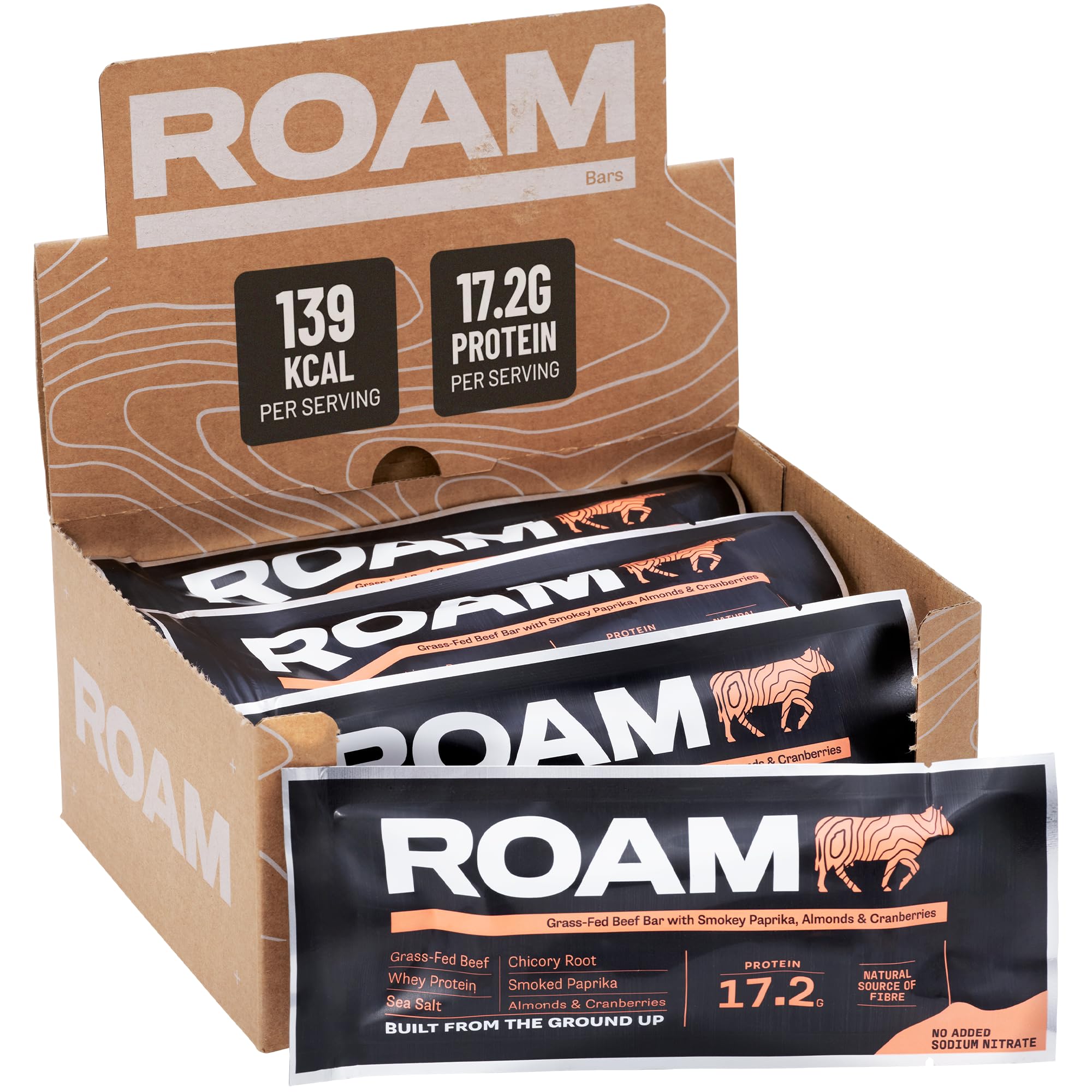 ROAM Natural Protein Bars, Meal Replacement Keto Bars, 6 x 45g Beef Protein Sticks & Healthy Snacks, Low Calorie Snacks (Smoked Paprika, Almond & Cranberry)