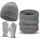 3 Pieces Winter Hat Scarf Touchscreen Gloves Set for Men and Women, Thick Warm Fleece Lined Knit Beanie Hat Neck Warmer