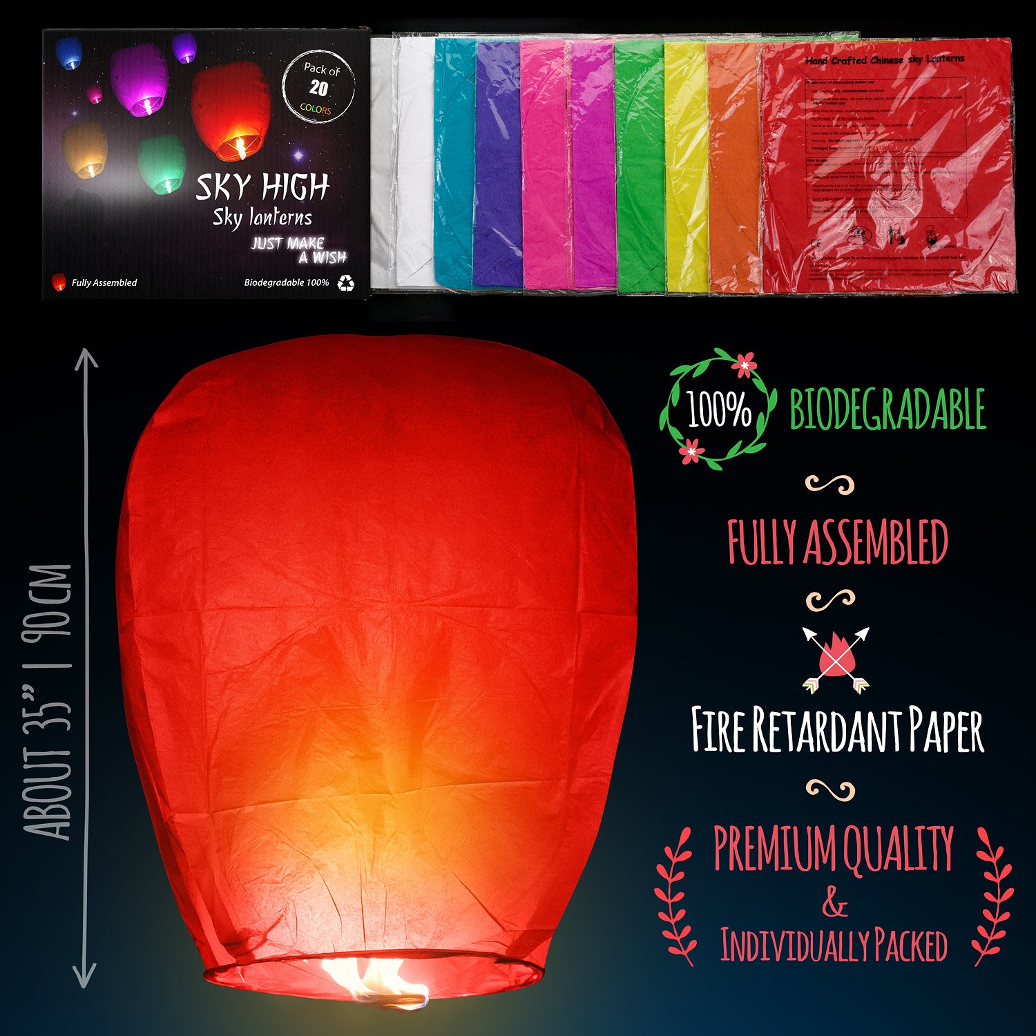 SKY HIGH 20 Pack Colorful Chinese Lanterns Biodegradable Paper