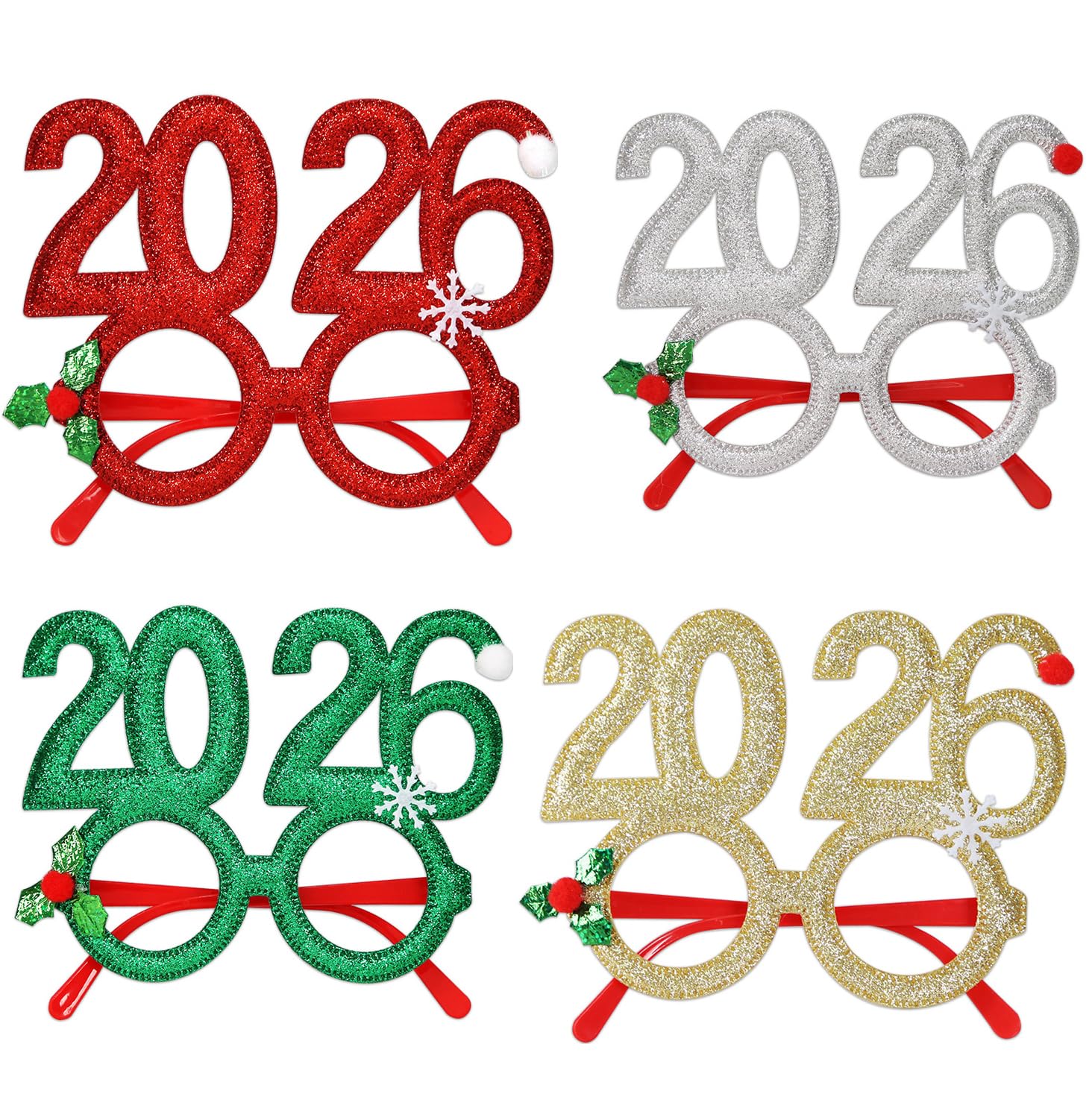 LilaLemon 4 Styles Christmas Glasses Frame,Glitter Christmas Party Glasses Costume,Creative Eyewear for Christmas Party Supplies