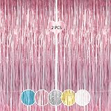 ILLUVA 2 Pack Metallic Tinsel Foil Curtain Backdrop 3.2ft x 6.56ft Pink Party view 1