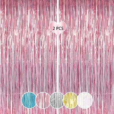 ILLUVA 2 Pack Metallic Tinsel Foil Curtain Backdrop 3.2ft x 6.56ft Pink Party