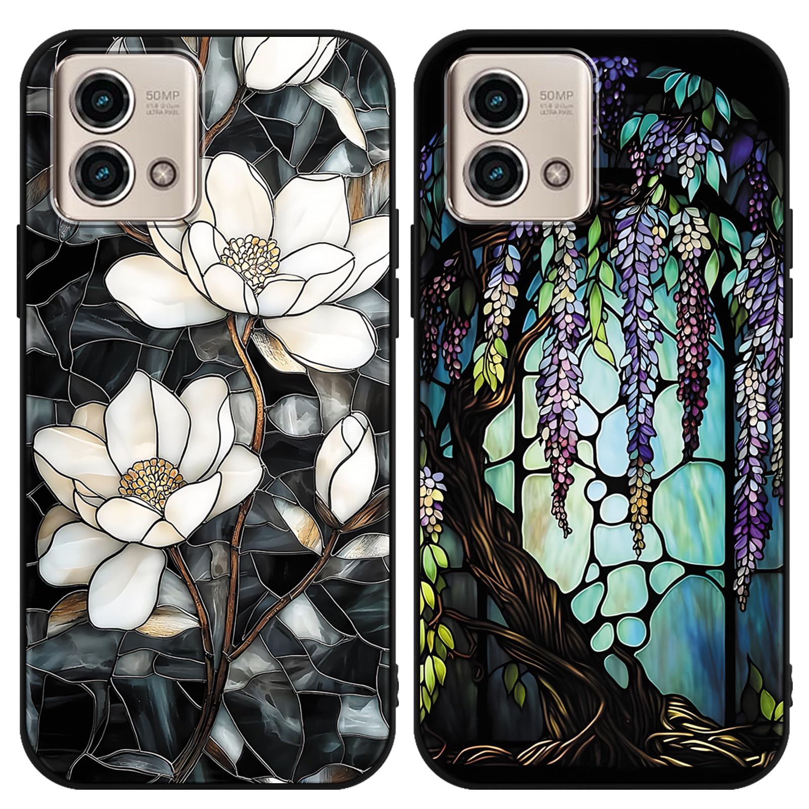 2 Pack Aesthetics Glass Style Flower Phone Cases for Motorola Moto G Stylus 5G(2023) Not 4G 6.6 Inch, Case Cute Pattern Shockproof Soft Protective for Women Girls Phone Cover Funda