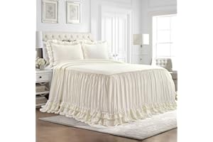 Lush Decor Ella Ruffle Lace Bedspread, 3 Piece Set, Queen, Ivory - Cute Bed Set - Queen Bedding - White Bedding - Coquette Decor - Neutral Ruffle Trim - White Lace Trim
