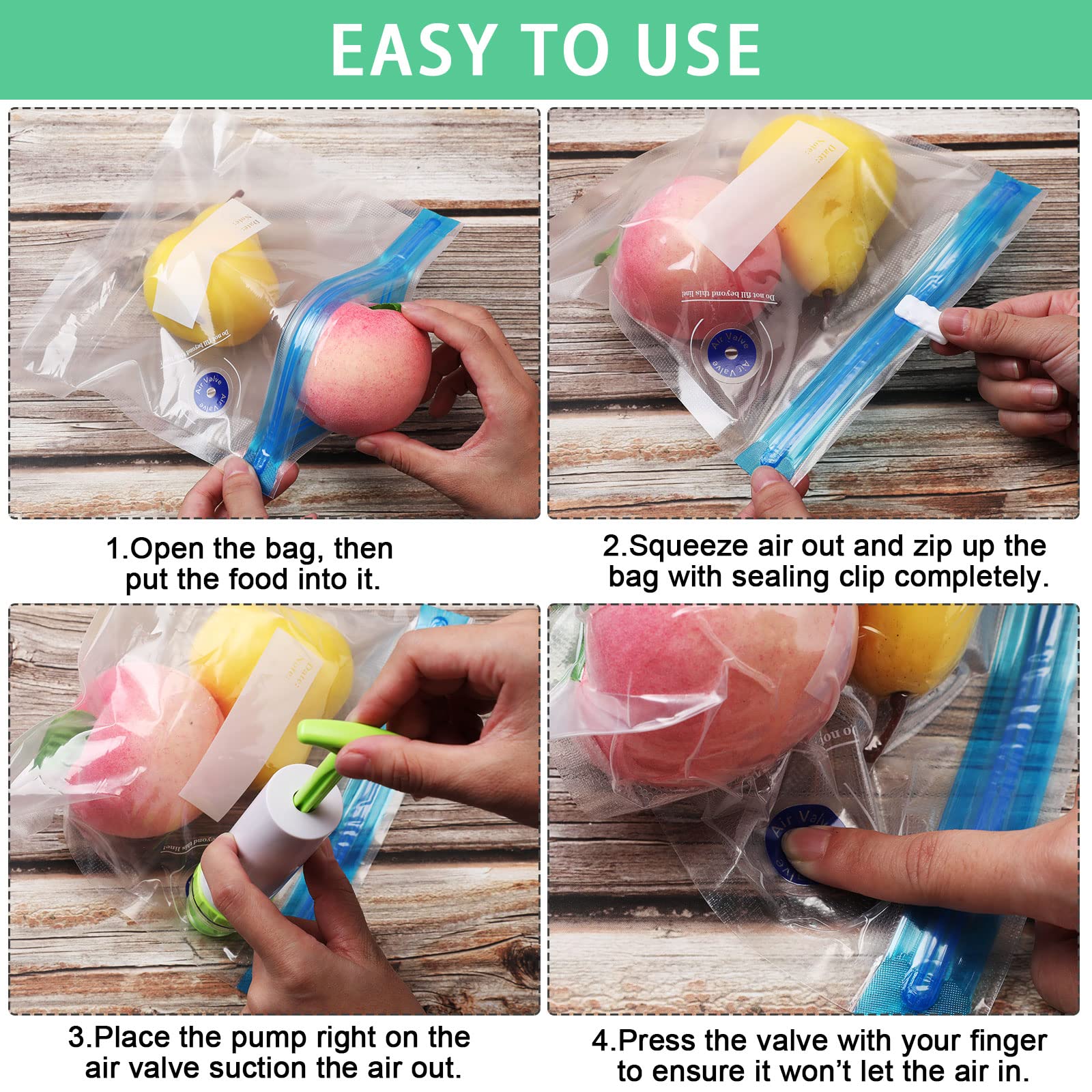 60 Pack Sous Vide Bags Vacuum Sealer for Food, 4 Sizes Reusable Food Bags Vacuum Zipper Storage with Air Valve Double Layers Food Storage