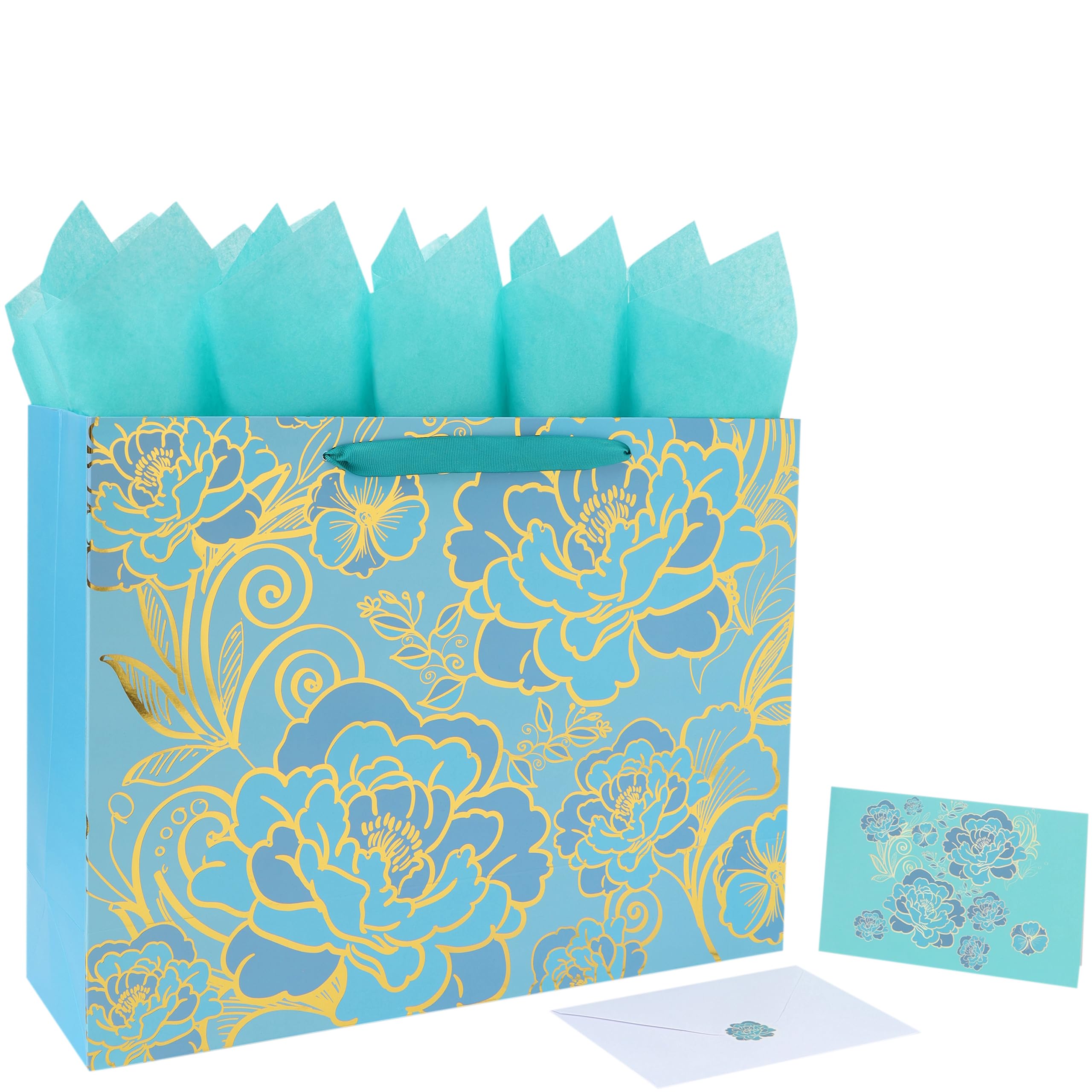 Photo 1 of 16.5” Extra Large Rose Green Gift Bag Set with Handles, Greeting Card, Tissue Papers and Stickers for Women Girls for Birthday, Wedding, Valentine's Day and Mother’s Day, Foil Traced Flowers Design, 1 Pcs