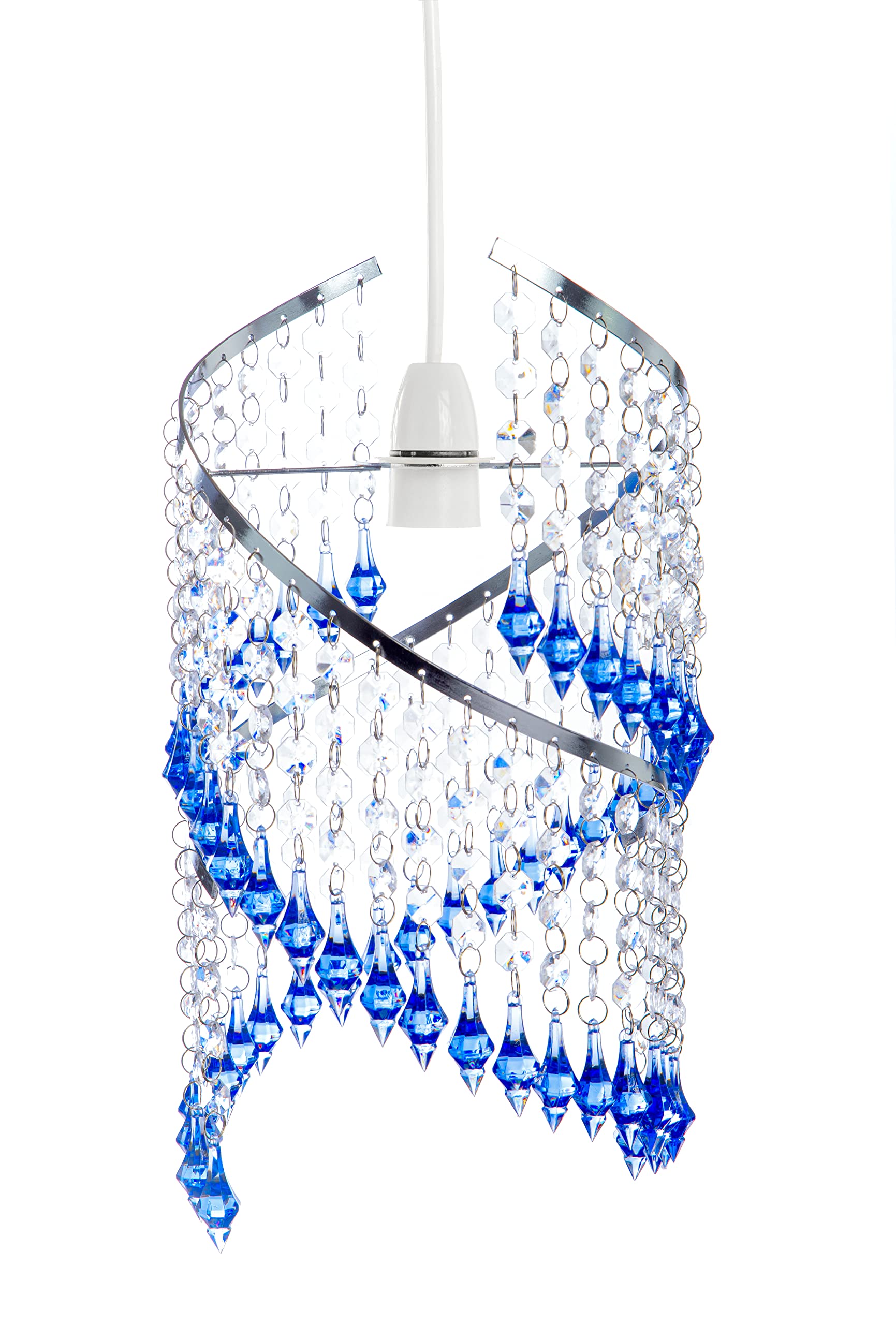 Innoteck Spiral Blue Droplet Pendant Light Shade – Polished Chrome Frame with Clear & Blue Acrylic Crystal Beads, Easy-Fit Non-Electrical Ceiling Lampshade for Bedrooms, Hallways & Dining Areas