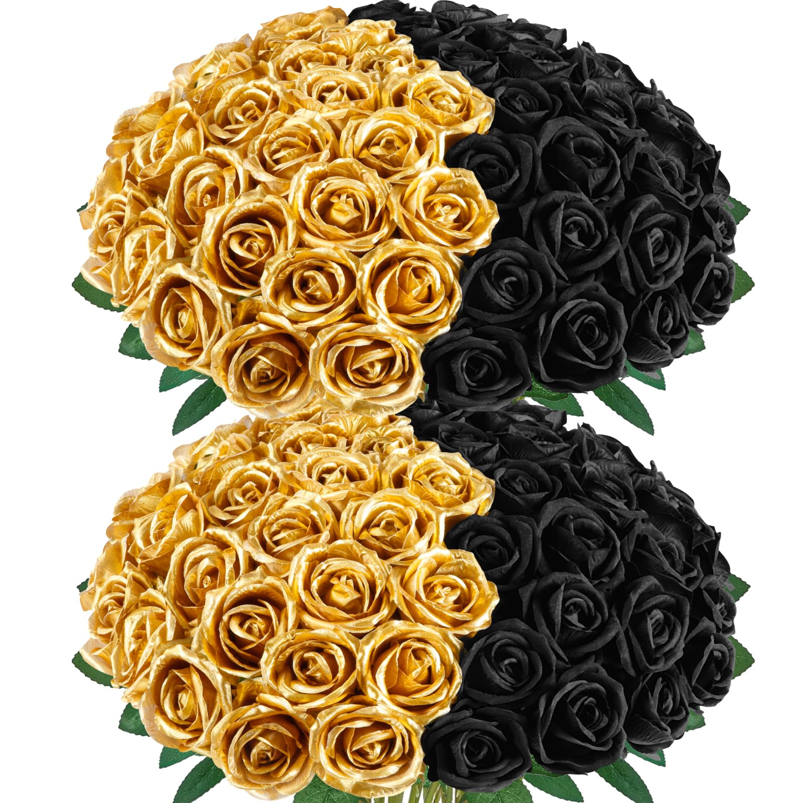 Photo 1 of MARVONTEL 48Pcs Black and Gold Roses Artificial Flowers Bulk Long Stem Fake Silk Roses Realistic Roses Faux Velvet Roses Bouquet for Wedding Centerpiece Arrangement Party Office DIY Home Decor