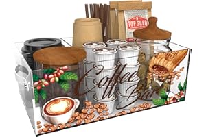 RUFHVTY Coffee Bar Organizer, Acrylic Coffee Station Storage Kit for Countertop, Coffee Bar Accessories Organizer with Handle for Kcup Coffee Pods Sugar Syrup Condiment, Office Breakroom Snack Holder