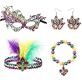 MAOFENG Mardi Gras Outfit Set Feather Headband Mask Earrings Bracelet for Carnival Halloween Party Costume Decoration