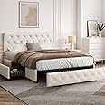 Yaheetech Queen Upholstered Bed Frame with 4 Drawers and Adjustable Headboard, Faux Leather Platform Bed with Mattress Foundation Strong Wooden Slats Support, No Box Spring Needed, Beige