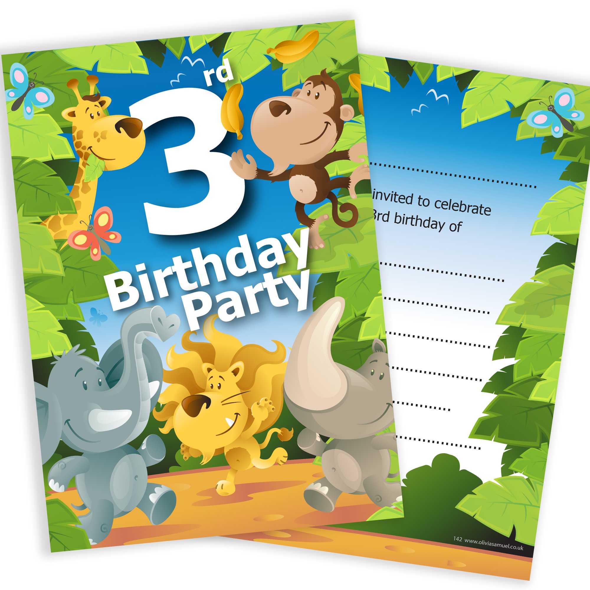 Olivia Samuel 20 x 3rd Birthday Party Jungle Themed Animal Invitations from Ready to Write with Envelopes