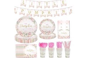 MEHOFOND Fall Pumpkin Plates and Napkins Party Supplies194 Pcs, Pink Floral Disposable Tableware Set with Cups Banner Pumpkin Tablecloth for Girls Baby Shower Dinner Party Decorations, Serves 24