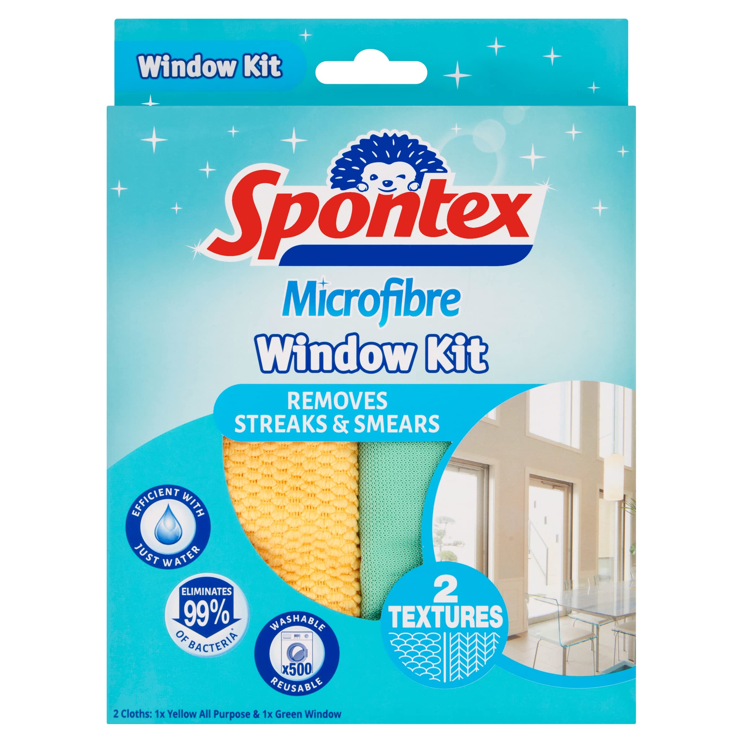 Spontex Microfibre Window Kit | 2 Wipes | Efficient with Just Water | Removes Streaks & Smears