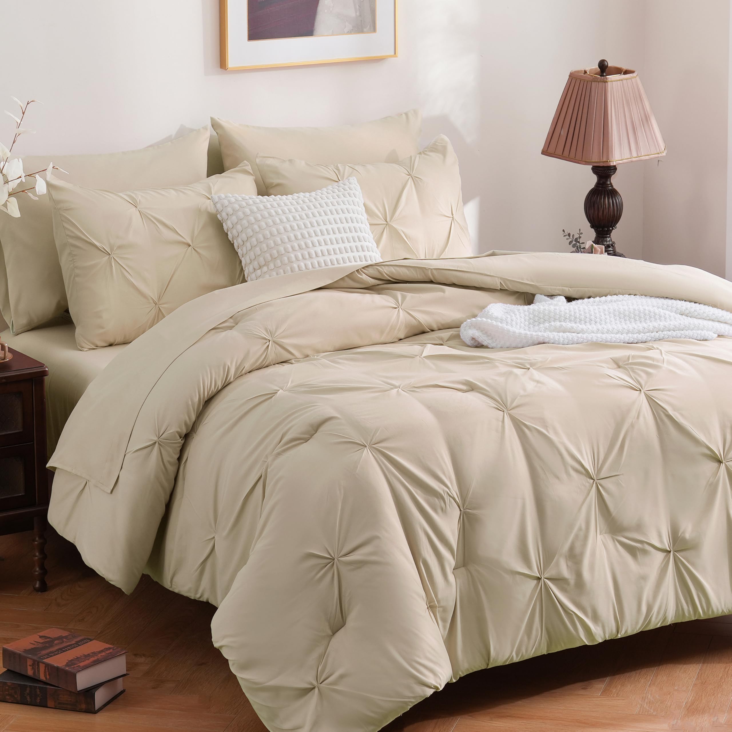 DOWNCOOL 7 Pieces Beige Full Size Comforter Sets, Pintuck Bed in A Bag, Pinch Pleat Full Size Bed Set, Soft Microfiber All Season Bedding Set with Sheets, Pillowcases & Shams