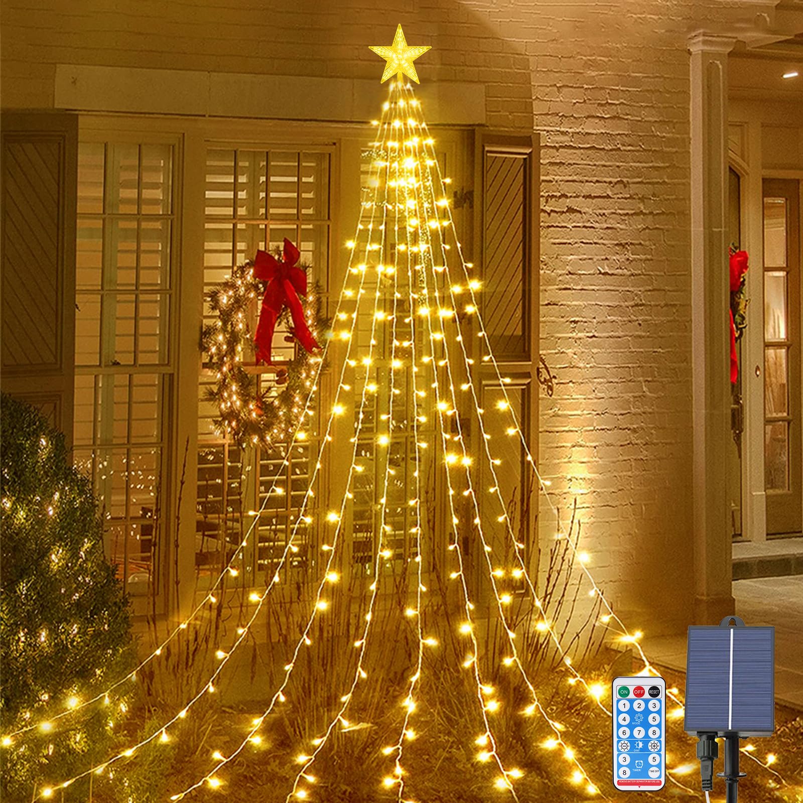 Acxilexy Waterfall Tree Lights, 2m/ 6.56ft x 9 Lines USB Christmas Tree Lights with Topper Star, 198 LEDs Waterproof Fairy Lights with 8 Lighting Modes for Indoor Outdoor Xmas Tree Garden Decor