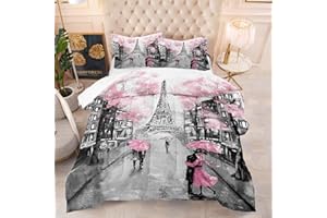 kxry Pink Paris Eiffel Tower Comforter Set Twin Size French Style Couple Lover Flower Bedding Sets for Girls Women Kids Quilted Duvet 1 Comforter + 1 Pillow Case