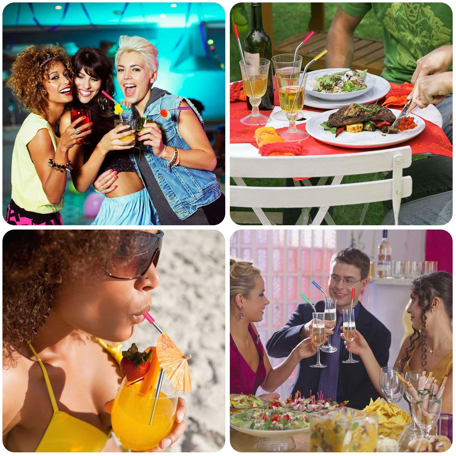 J.CARP Reusable Drinking Straws Kit(44 in 1), Including 16 Stainless Steel Straws, 4 Cleaning Brushes and 24 Soft Silicone Tips, Silver