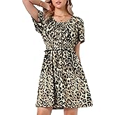 Allegra K Leopard Print Dress for Women Short Sleeve Tie Neck Elastic Waist Summer Casual Dresses