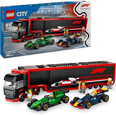 City F1 Transporter mit RB20 & AMR24 F1 Rennautos - Spielzeug Autotransporter für Red Bull & Aston Martin Formel 1 Teams - Inkl. 5 Minifiguren - Geschenk für Jungen & Mädchen ab 8 Jahren 60445