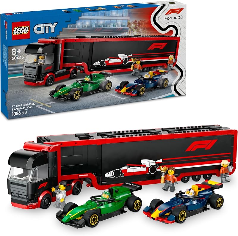 City F1 Transporter mit RB20 & AMR24 F1 Rennautos - Spielzeug Autotransporter für Red Bull & Aston Martin Formel 1 Teams - Inkl. 5 Minifiguren - Geschenk für Jungen & Mädchen ab 8 Jahren 60445 — Foto 1 von 8