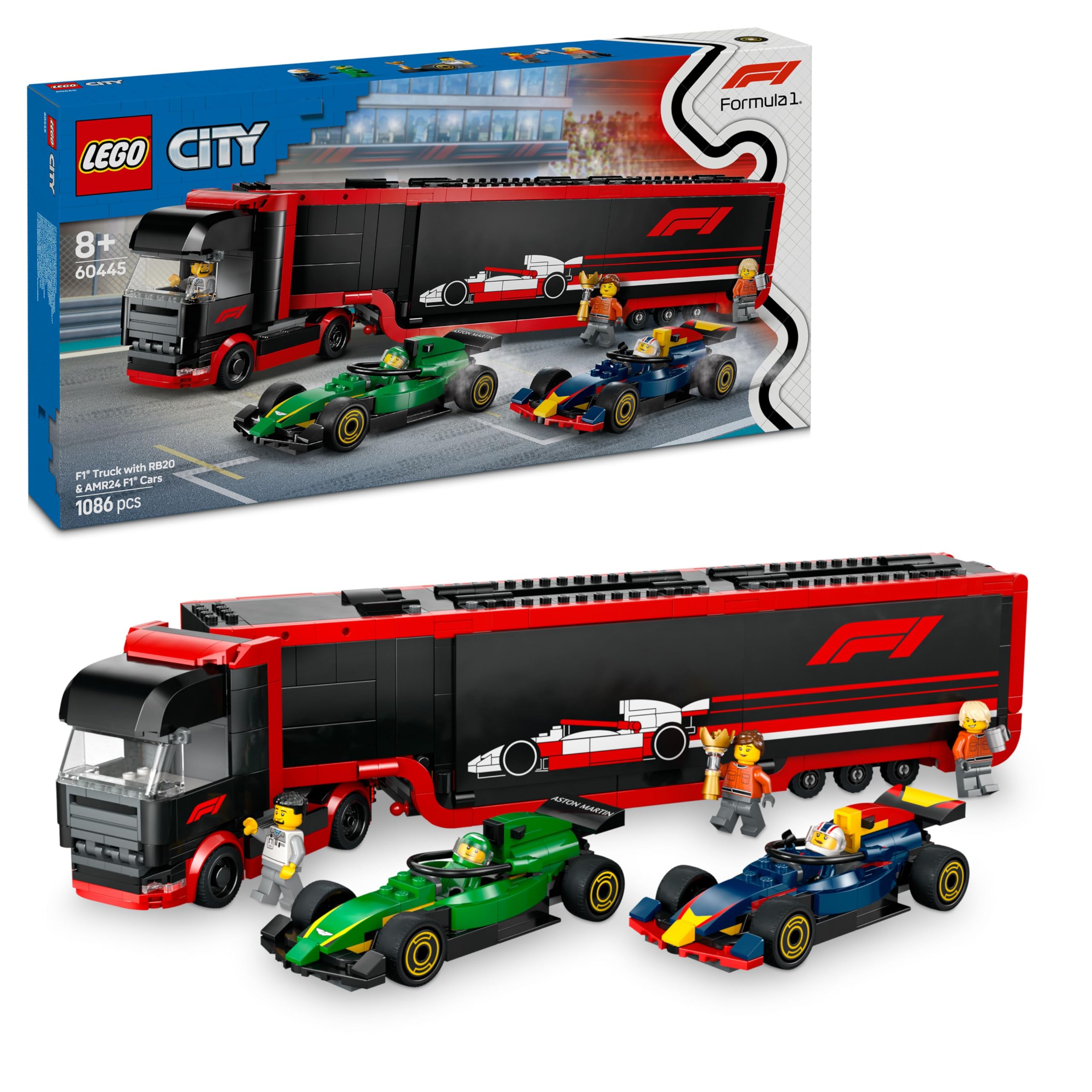LEGO City Autotrasportatore F1 con Monoposto RB20 e AMR24 F1 - Camion Giocattolo da Costruire con 2 Modelli di Auto da Corsa dei team Red Bull e Aston Martin - Include 2 piloti e Simulatore 60445
