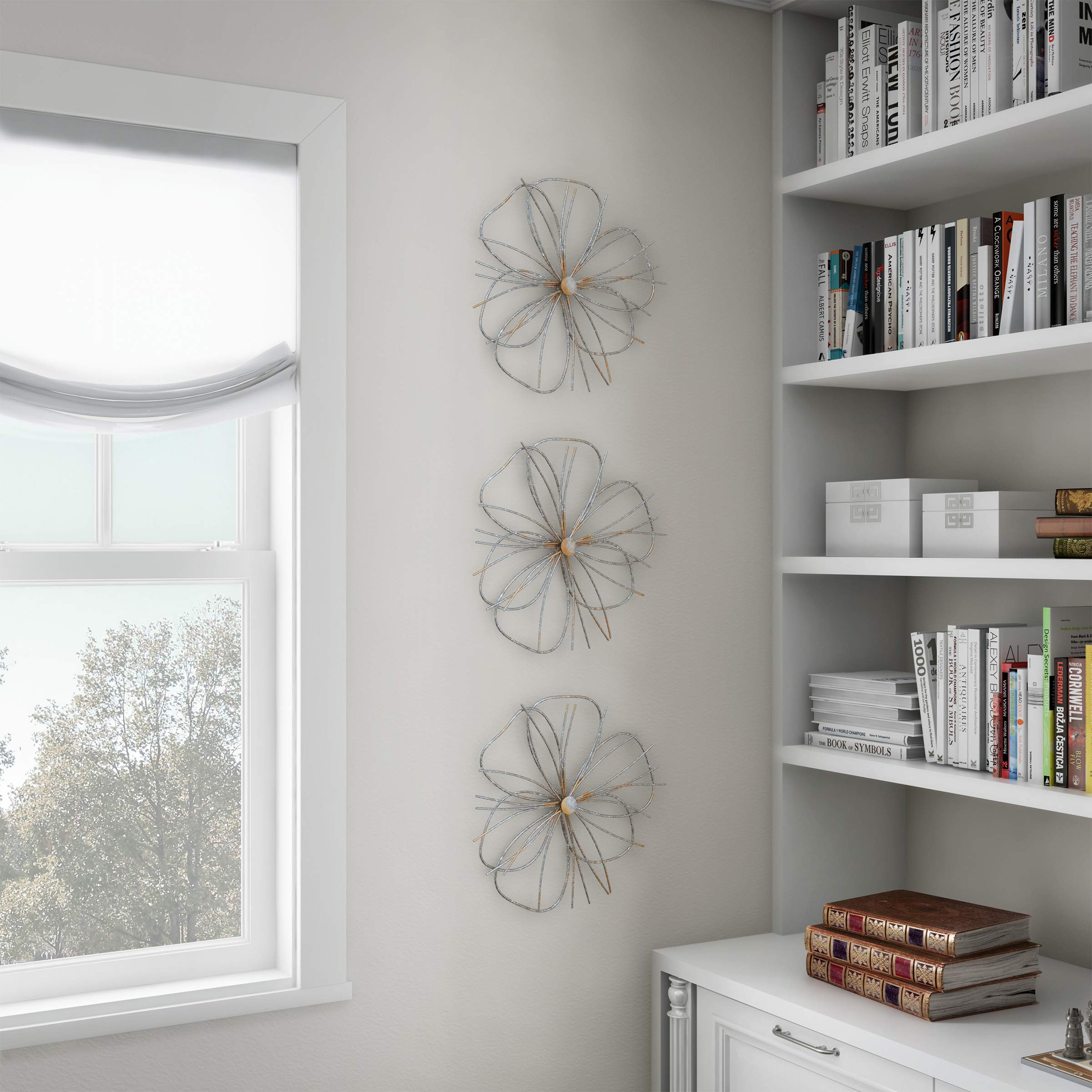 Lavish Home Wall Decor – Metallic Wire Layer Flower Sculpture Contemporary Hanging Accent Art for Living Room, Bedroom or Kitchen (Silver and Gold)