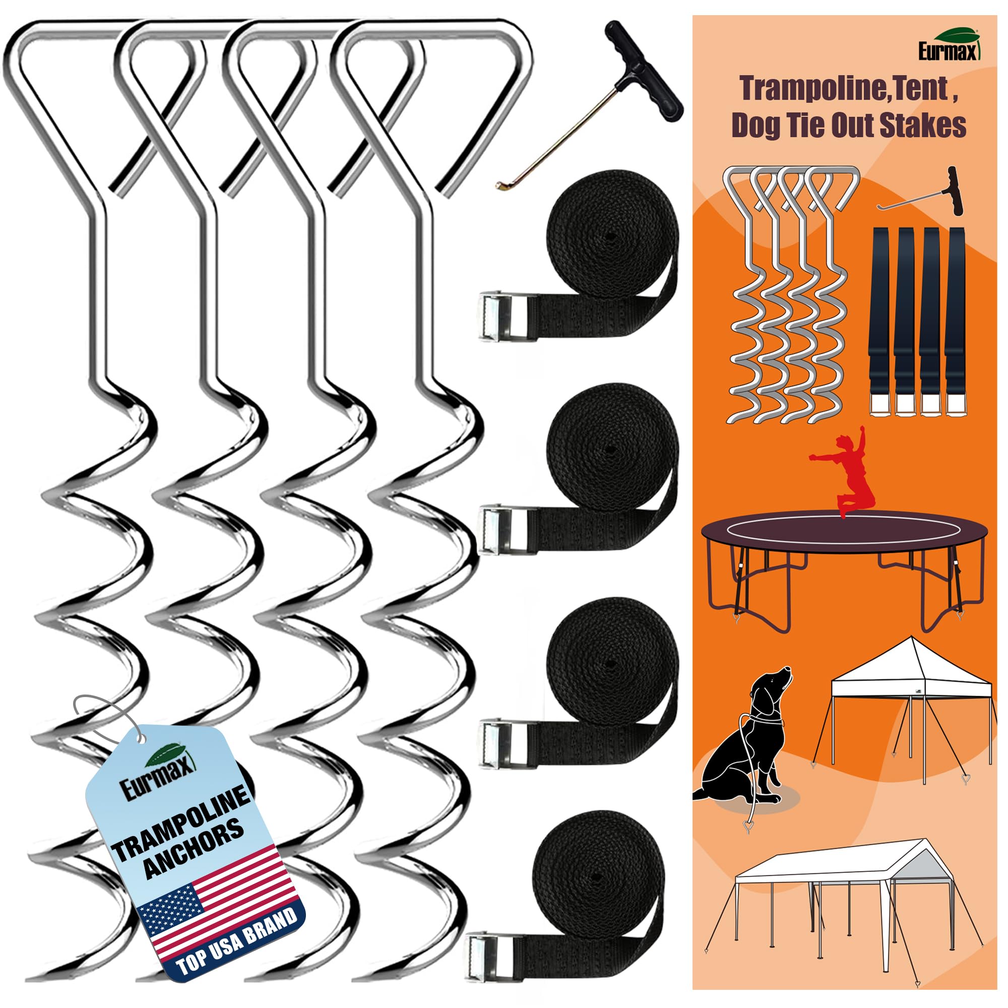 Eurmax USA Trampoline Stakes Heavy Duty Trampoline Parts Corkscrew Shape Steel Stakes Anchor Kit with T Hook for Trampolines -Set of 4 Bonus 4 Strong Belt,Silver