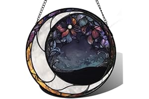 JOSUMALY Stained Glass Window Hanging - Black and White Moon Sun Catcher for Door Terrace Garden Home Decor, Abstract Plant Flower Suncatcher Birthday Gifts for Lovers Women Men Dad Mom Nana 9.8 in
