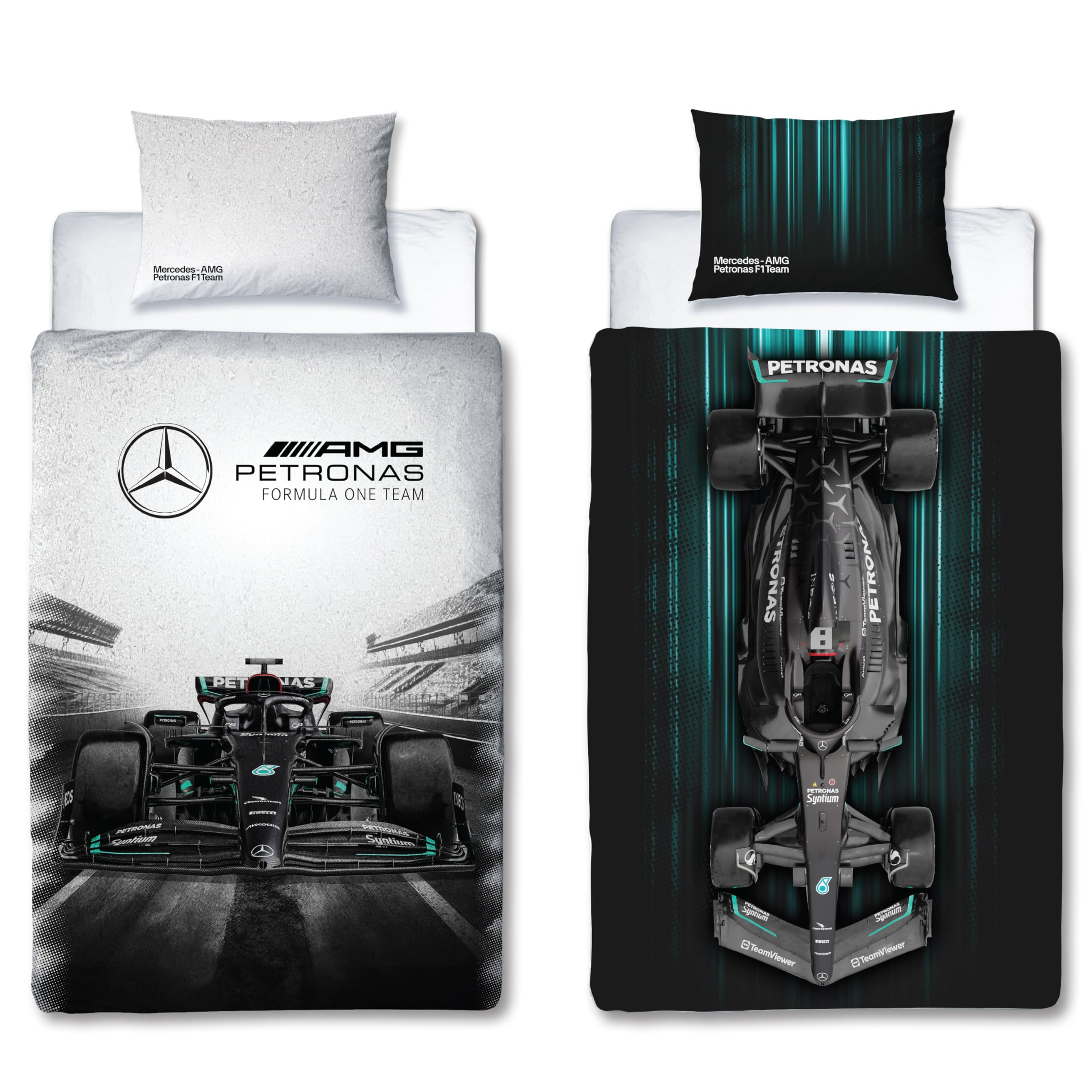 Mercedes AMG Petronas Officially Licensed Single Duvet Cover Set, Skyline Design | Grey Reversible 2 Sided Formula One Bedding Cover Official Merchandise Including Matching Pillow Case