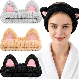 YOOVR 3pcs Spa Headband, Stocking Stuffers, Teen Girl Gifts Trendy Stuff | Skincare Face Wash Makeup Headband with Cat Ears,