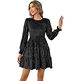 R.Vivimos Women's Fall Winter Crushed Velvet Dress Long Sleeve Crew Neck Elastic Smocked A-Line Tiered Ruffle Mini Dress