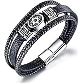 TEMICO Mens Black Leather Cuff Bracelet Multi-Layer Braided Leather Magen Star of David Bracelet Jewish Jewelry