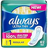 Always, Ultra Thin Pads For Women, Size 1, Regular Absorbency With Wings, 62 Count