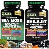 Sea Moss Shilajit Combo Bundle Capsule, Black Seed Oil, Ashwagandha, Rhodiola Rosea, Burdock, Turmeric, Ginger, VitC, VitD3, All in One Supplement, 120 Capsules, Halal, Vegan, USDA Organic