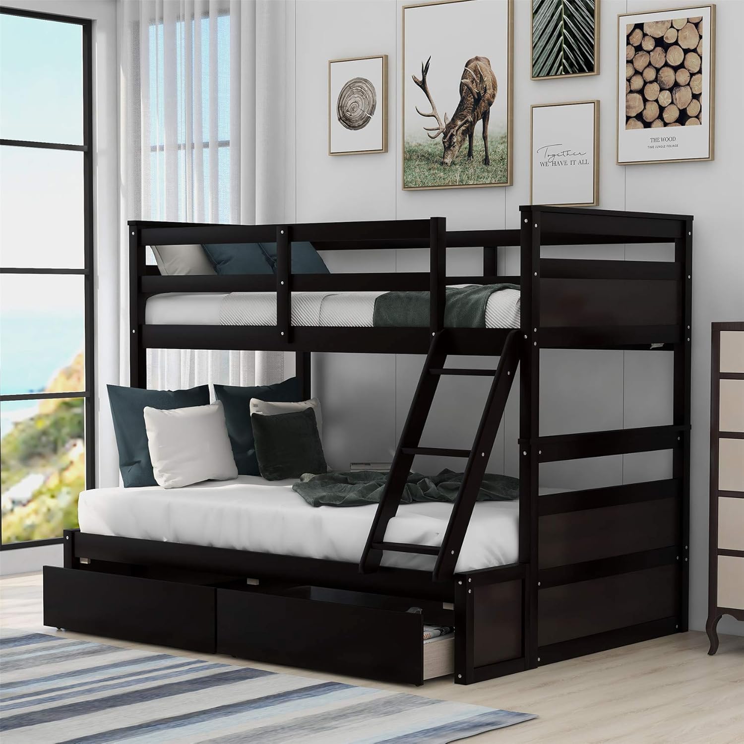 Solid Wood Bunk Bed Twin Over Full Size, Detachable Bunk