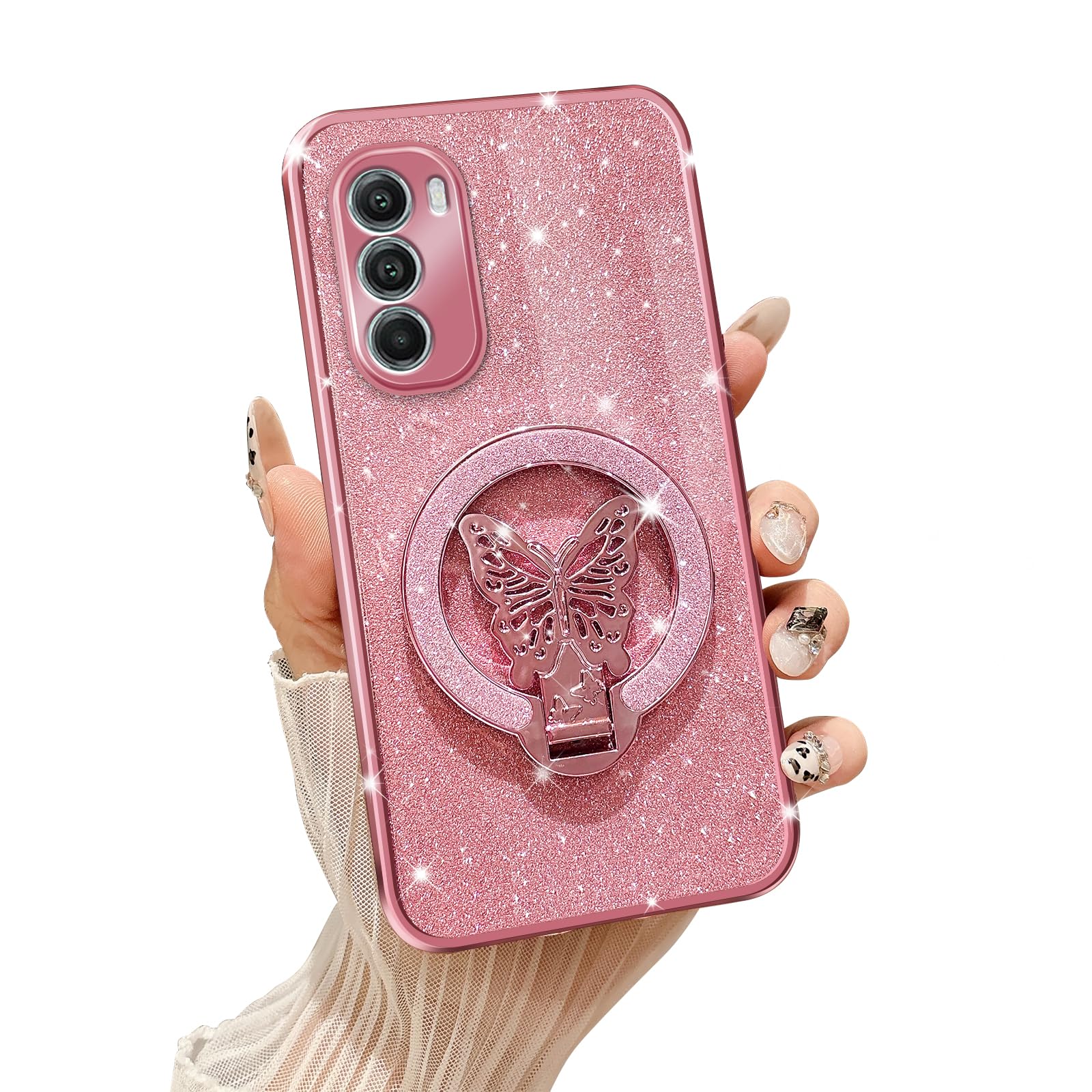Photo 1 of Tesazxcn Phone Case for Motorola Moto G Stylus 5G 2022 [Compatible with Magsafe] with Butterfly Kickstand & Lanyard Soft TPU Bling Shockproof Protection Cover for Moto G Stylus 5G 2022 Case, Rose Gold
