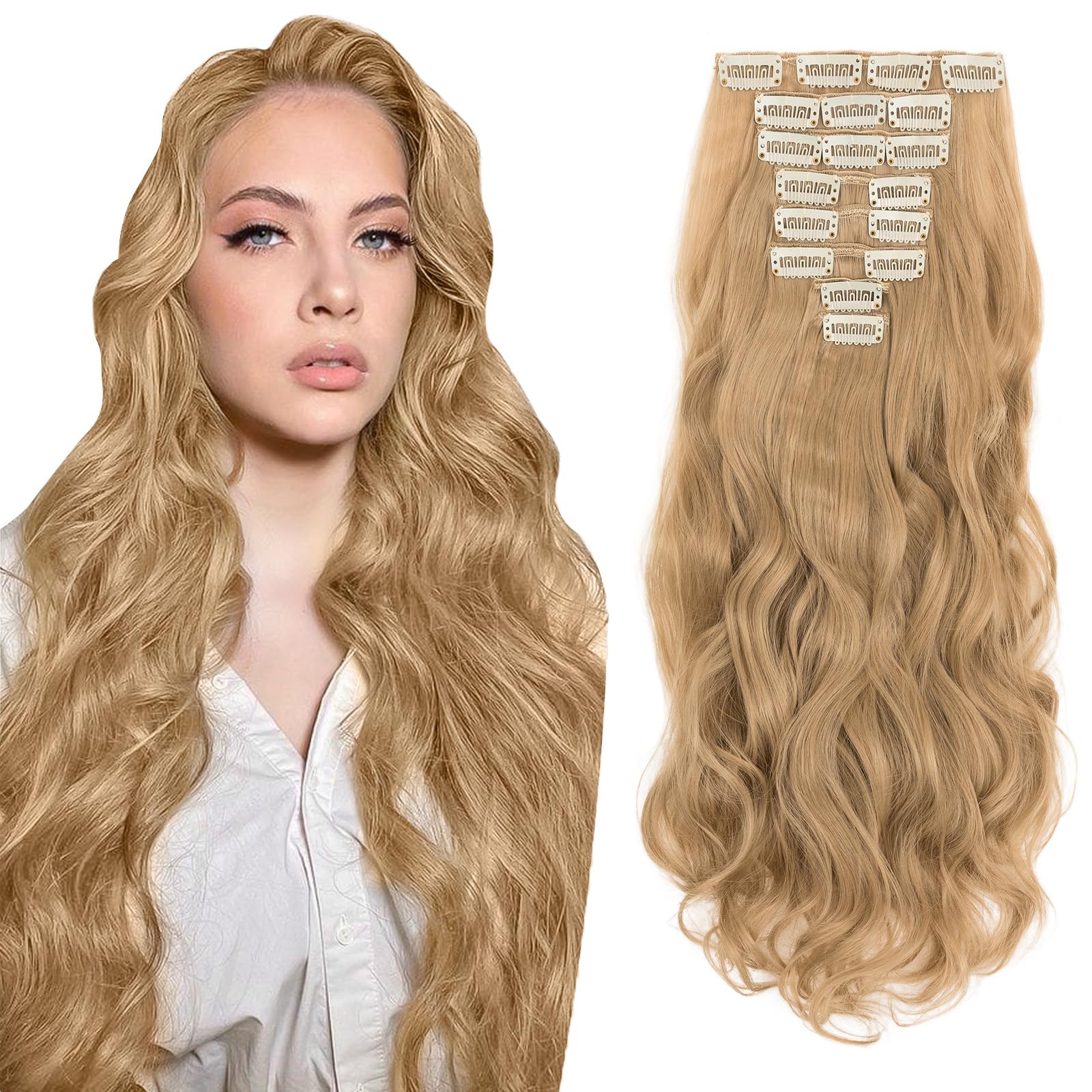 Clip in Hair Extensions 8Pcs 18 Clips Thick Clip on Synthetic Hair Extension Hairpieces for Full Head 17" Curly Ash Blonde