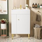 Merax 21.6" Single Sink Bathroom Vanity, Freestanding Bathroom Vanity with Open Shlef, Wood Bathroom Cabinet with Ceramic Basin Sink Top, White