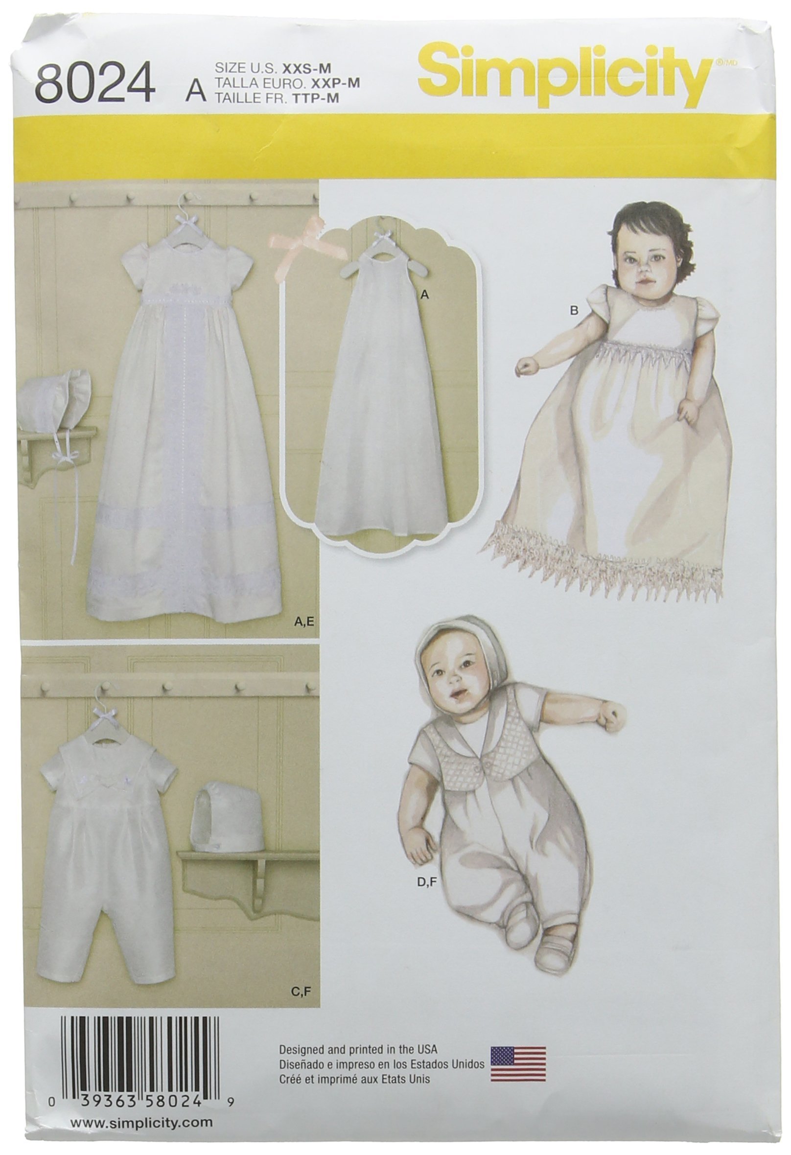 Simplicity Sewing Pattern 8024A Babies' Christening Sets with Bonnets, Paper, White, A (XXS-XS-S-M)