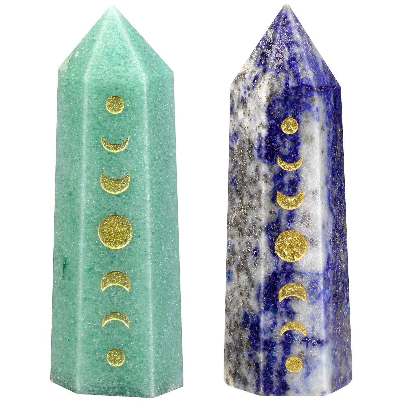 Nupuyai 2pcs Lapis Lazuli & Green Aventurine Engraved Moon Phase Lunar Eclipse Faceted Crystal Point Wand Set, Prism Quartz Point Stone for Reiki Chakra Healing Home Decor