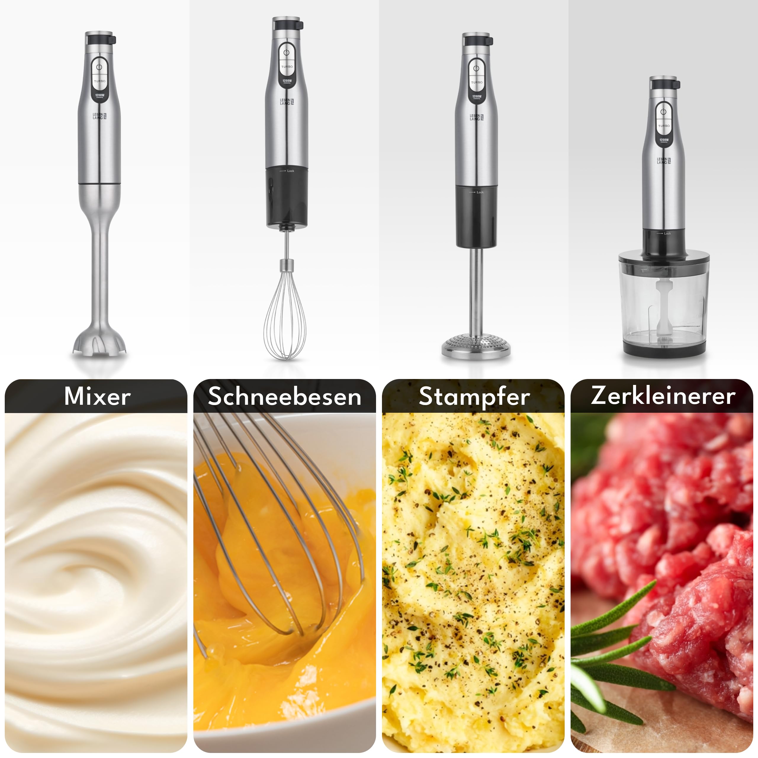 LEBENLANG Premium 1200W Stabmixer Set - Inkl. 5x Zubehör & Spritzschutz I Stufenlos verstellbar & Turbo I Elektrische Hand Blender Pürierstab Edelstahl Zauberstab Mixer Mixstab Purierstabmixer Stab 2