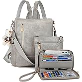 Soperwillton Women Fashion Backpack Purse Anti-Theft Leather Shoulder Bag Travel Multi Pockets Handbag Wallet Set 3pcs