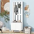 Merax Wood Hall Tree Entryway Bench with Cushion, Farmhouse Mudroom Versatile Coat Racks with 8 Gold Hooks and Legs, Entrance Organizer for Hallway White