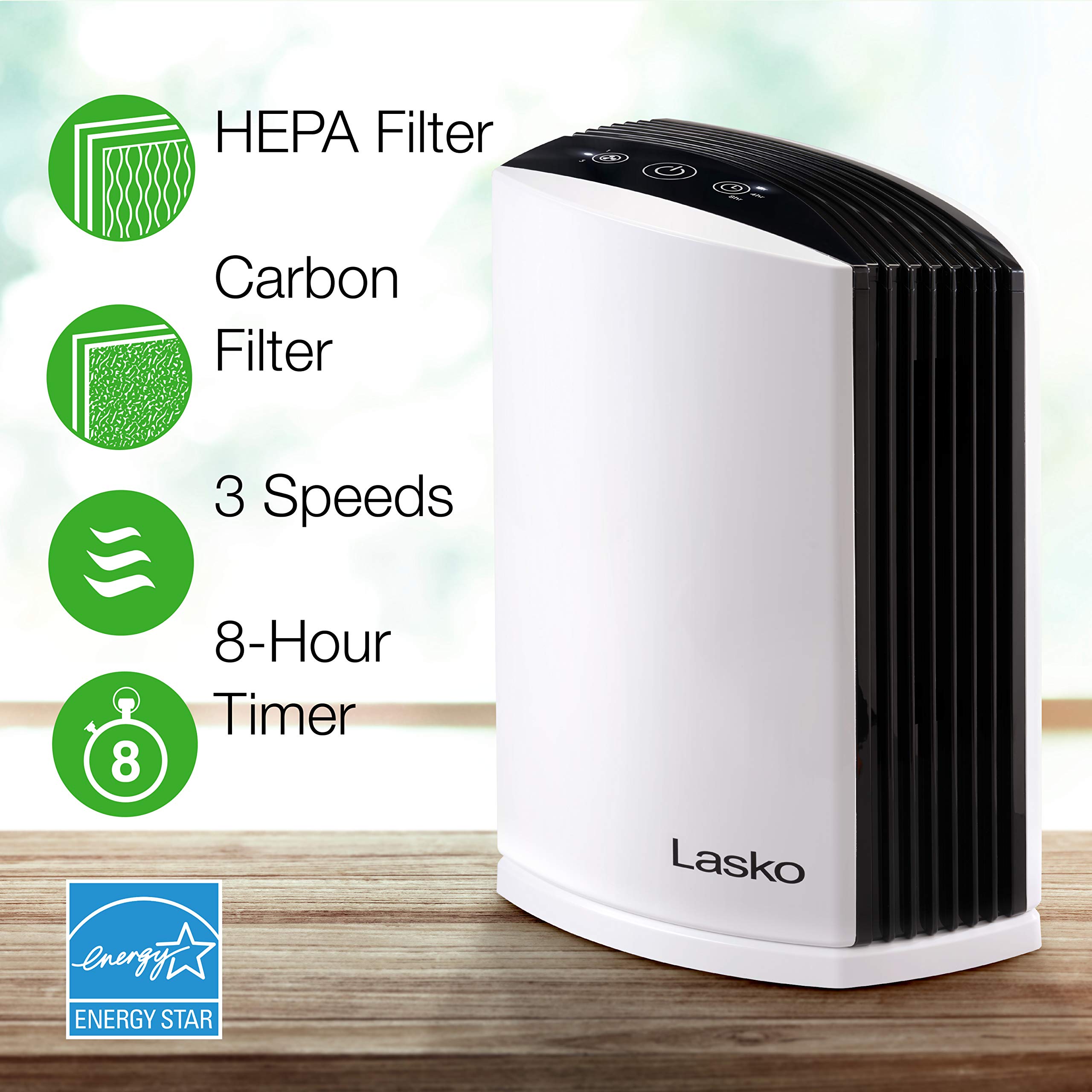 Lasko LP200 HEPA Desktop Air Purifier with Timer for a Cleaner,Fresher Home Environment –2-Stage Filtration Removes Smoke, Odors, Pet Dander, Virus Sized Particles,Pollen, 14.75