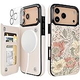 uCOLOR for iPhone 17 Pro Max Wallet Case Magsafe with Card Holder Slot【Compatible with MagSafe】 Folio Flip PU Leather Magnetic RFID Design with Camera Lens Protector 6.9” (Pink Vintage Flowers)