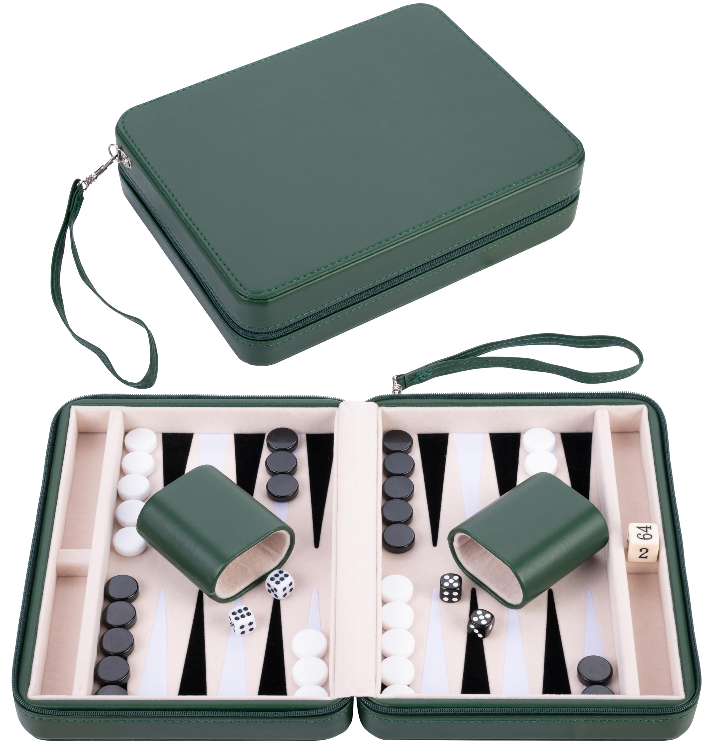 Engelhart – 250503 – 9-Inch Backgammon Travel Pouch with Zipper – Green Exterior, Felt Interior (Cream, Black, White) – Accessories Included