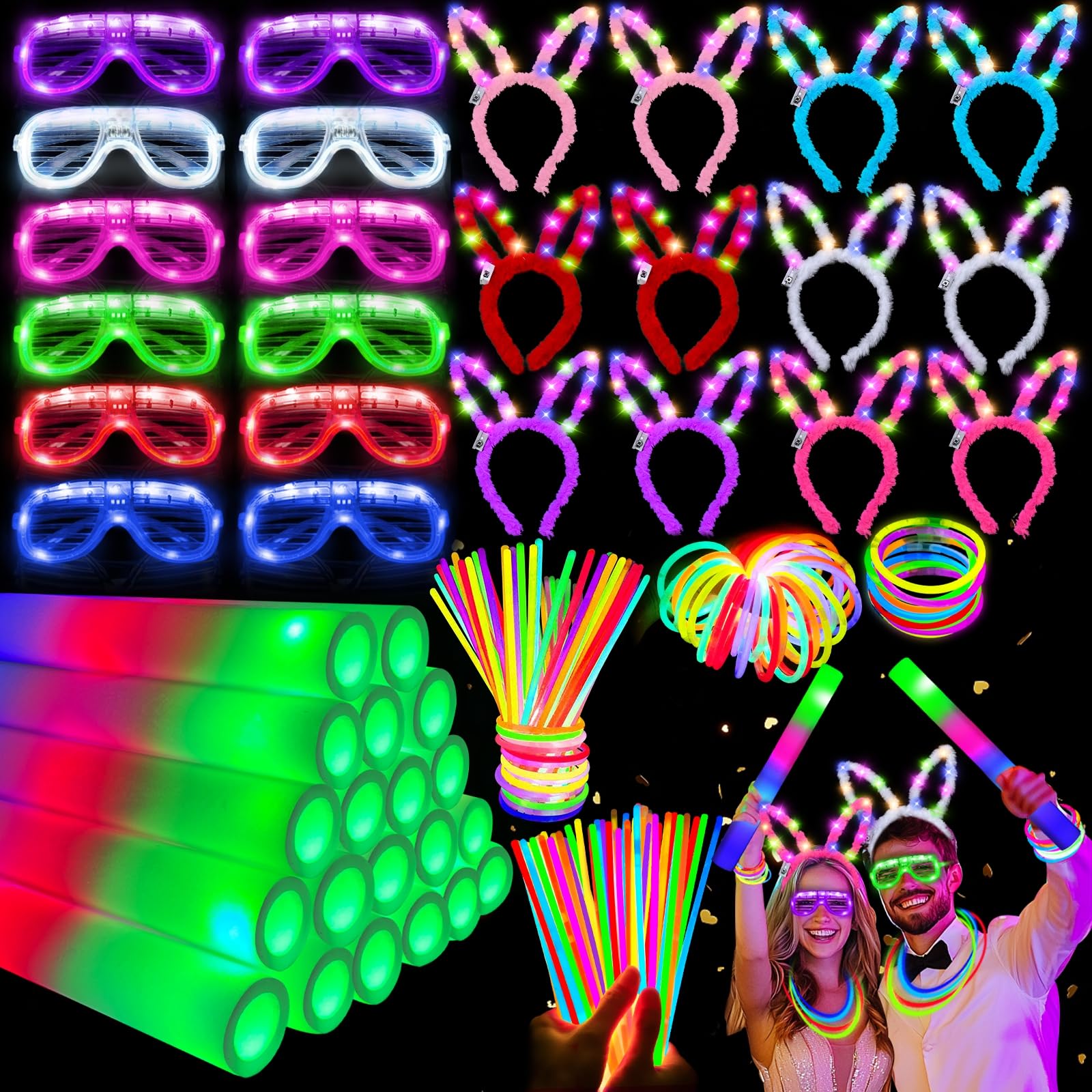 Photo 1 of 236 PCS Glow in the Dark Party Supplies Light Up Party Favors,12 Pcs Foam Glow Sticks, 12 Pcs LED Glasses, 200 Pcs Glow Sticks Bracrelets and 12 Pcs Bunny Ear Headband Neon Birthday Party Decorations