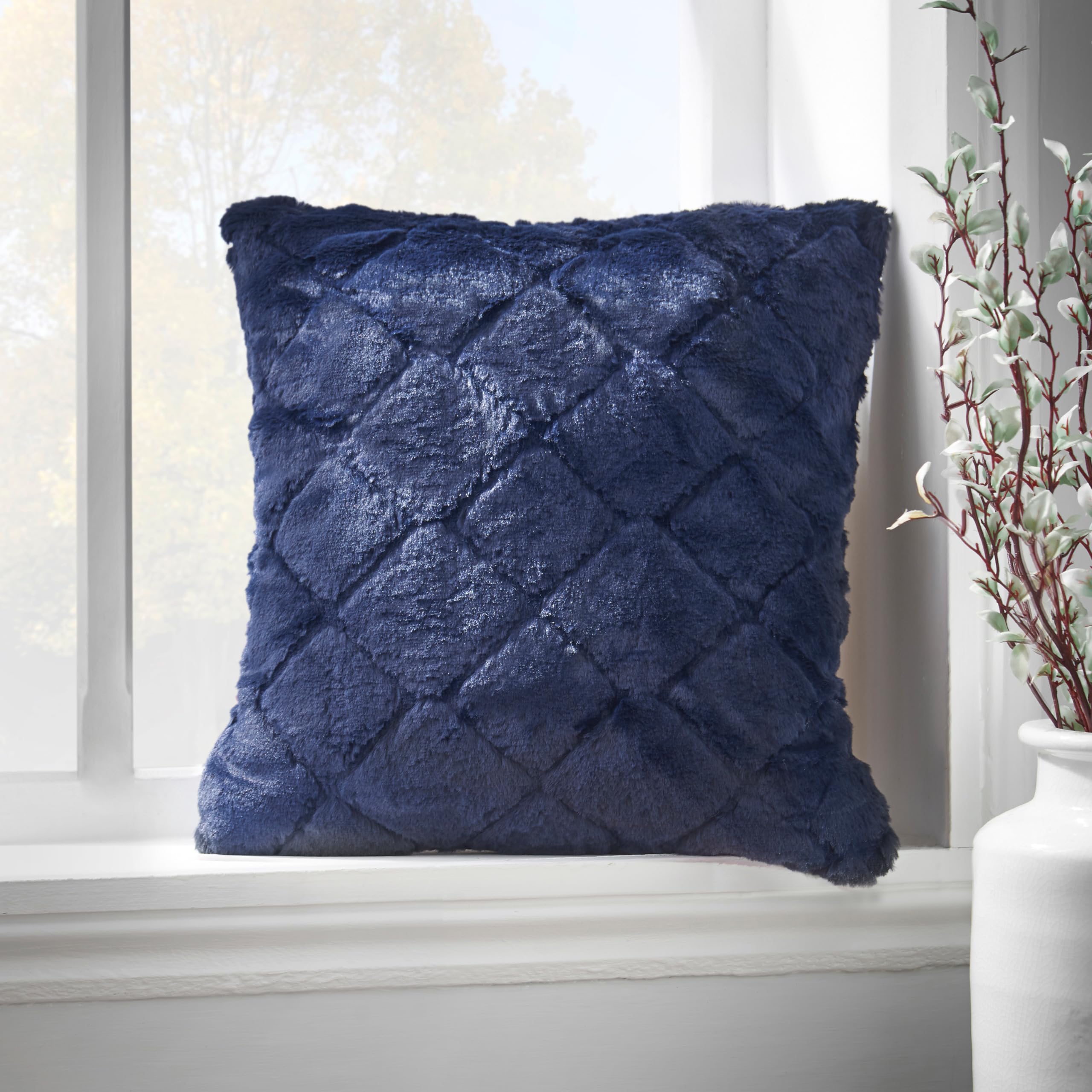 Catherine Lansfield Cosy Diamond Faux Fur 43x43cm Cushion Cover Navy Blue