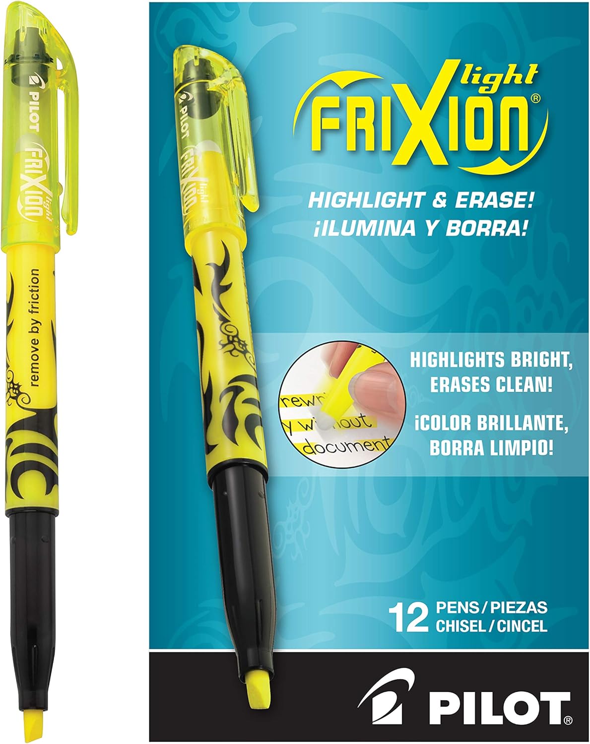 Pilot FriXion Light Erasable Highlighters, Chisel Point, Yellow, Dozen